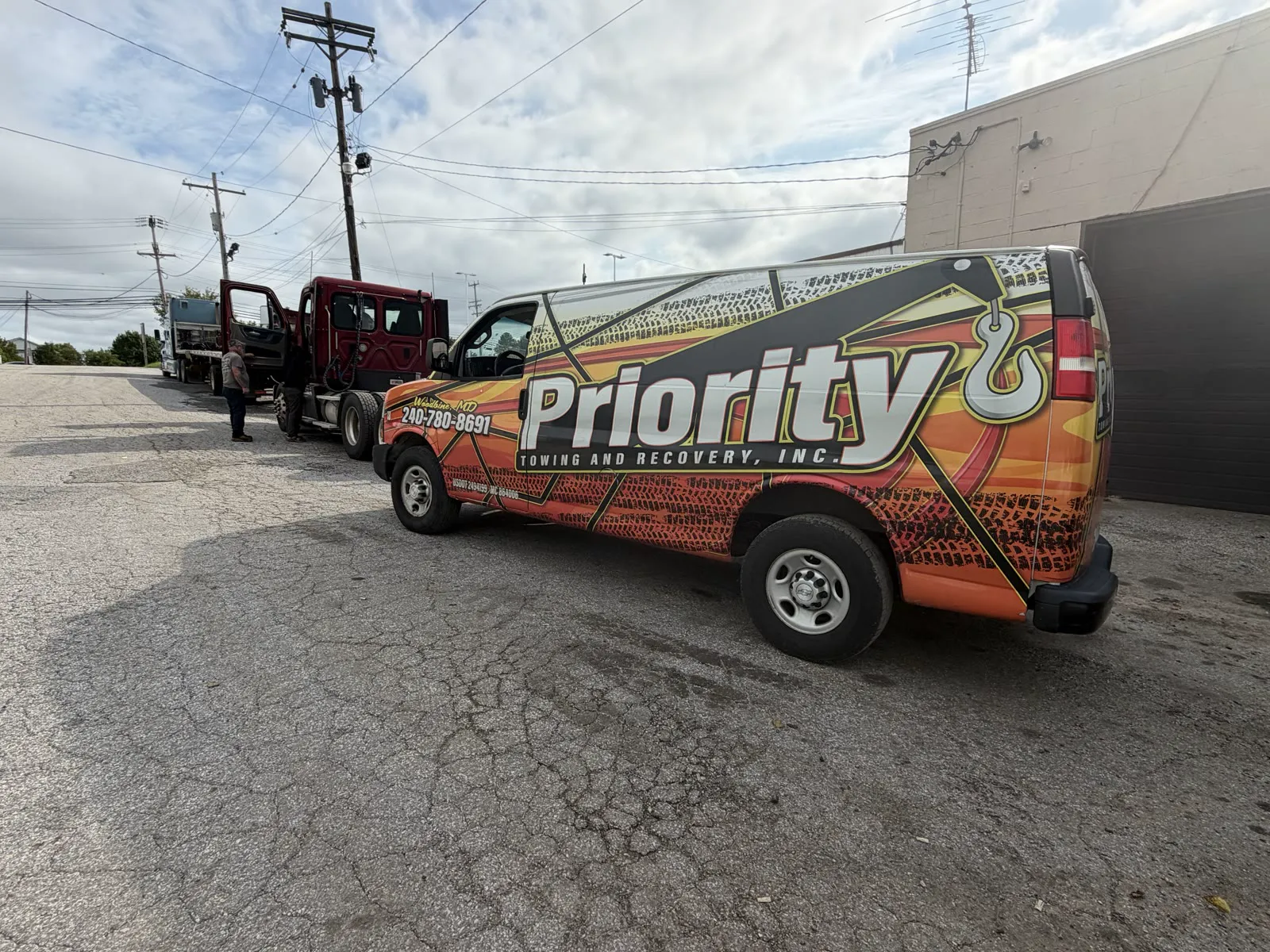 Priority Towing mobile diesel repair van with company wrap